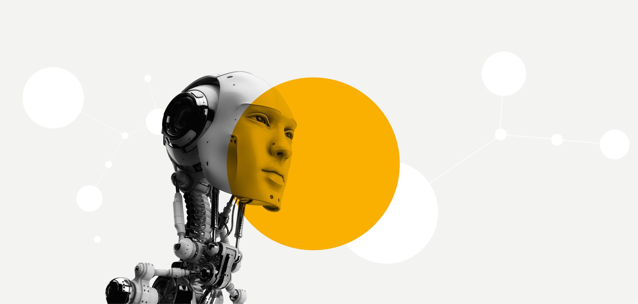 Roboterkopf mit sehr menschlichen Gesichtszügen im orangen Spot. Titel: Zeitpunkt Zukunft