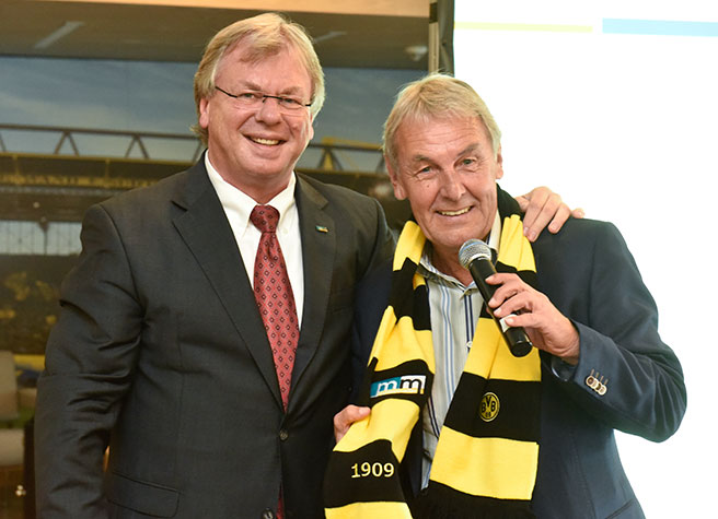 Fernsehmoderator und Sportreporter Jörg Wontorra und m+m Geschäftsführer Michael Müller. 